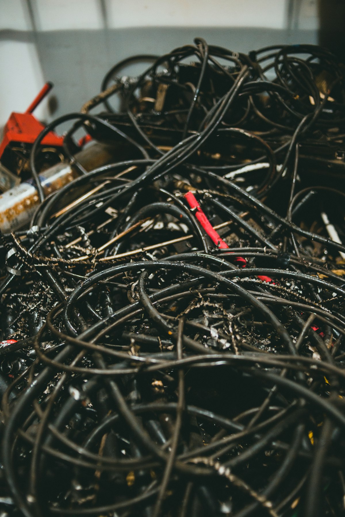 Bin of collected cables and wires